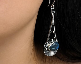 Labradorite Earrings Sterling Silver, Boho Drop Earrings, Blue Flash Labradorite Jewelry, Art Deco Dangle Earrings, Statement Crystal Gift