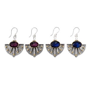 Labradorite Earrings Sterling Silver, Two Tone Boho Dangle Earrings, Blue Gemstone Jewelry, Mixed Metal Fan Earrings, Artisan Statement Gift image 2