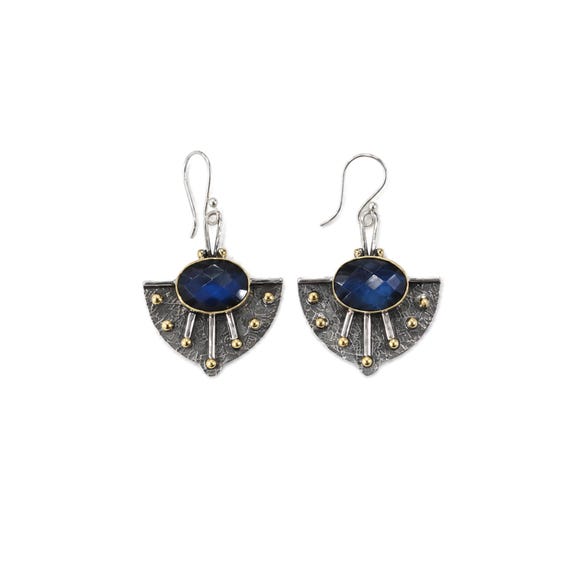 Labradorite Earrings Sterling Silver, Two Tone Boho Dangle Earrings, Blue Gemstone Jewelry, Mixed Metal Fan Earrings, Artisan Statement Gift