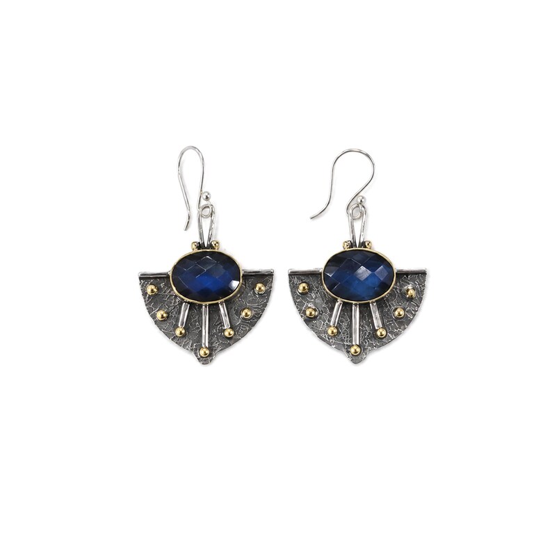 Labradorite Earrings Sterling Silver, Two Tone Boho Dangle Earrings, Blue Gemstone Jewelry, Mixed Metal Fan Earrings, Artisan Statement Gift image 1