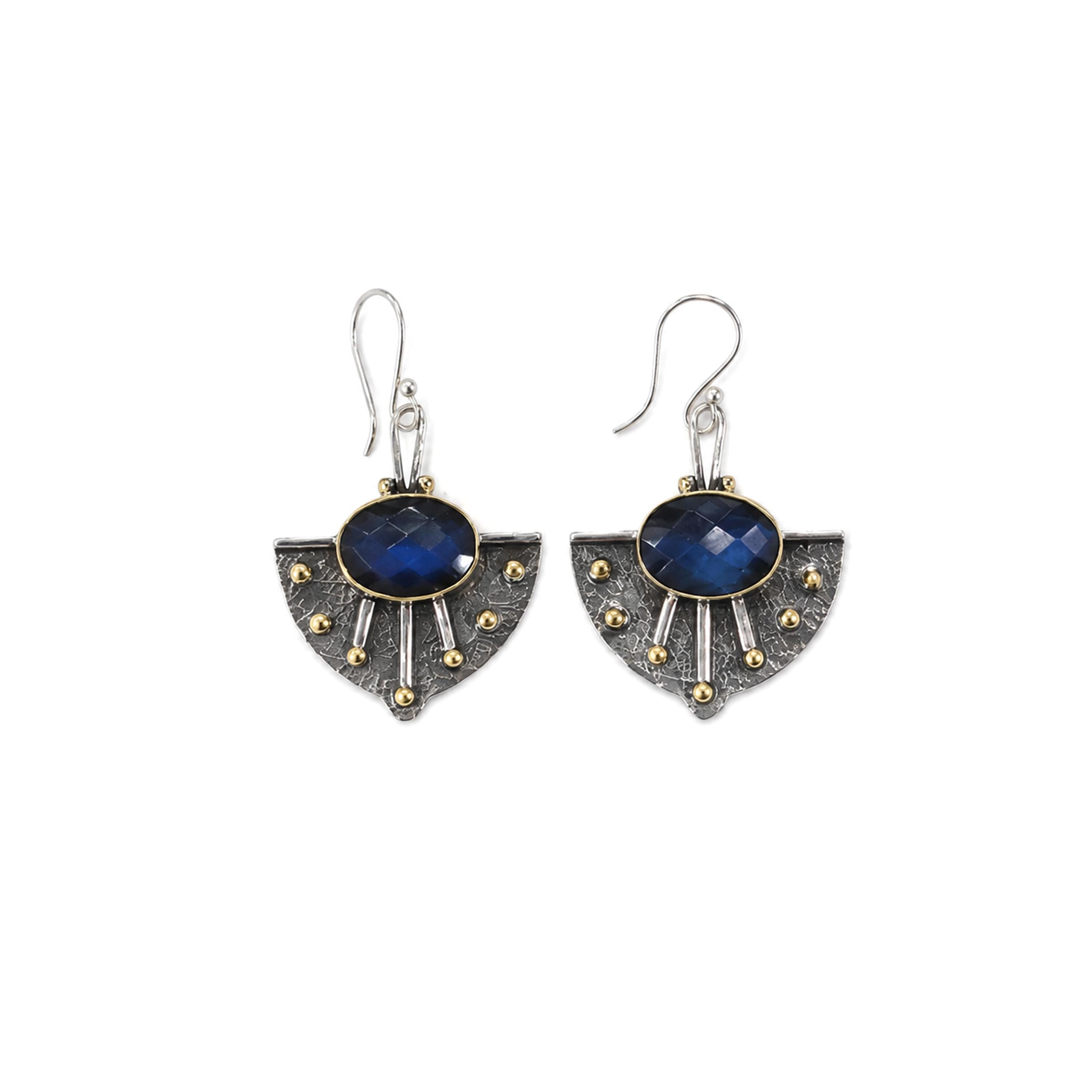 Labradorit Ohrringe Sterling Silber, zweifarbige Boho Baumeln Ohrringe, Blauer Edelstein Schmuck, gemischte Metall Fächer Ohrringe, Handwerker Statement Geschenk