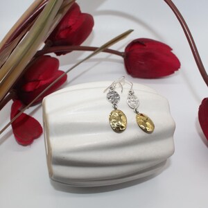 Hammered Gold and Silver Drop Earrings, Two Tone Textured Drop Earrings, Mixed Metal Disc dangle earrings, Gift for Her
