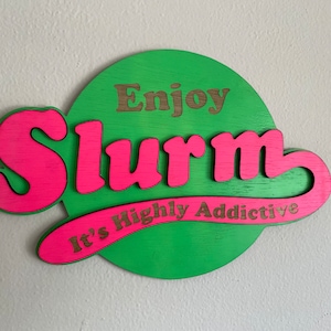 Arte de parede com logotipo 3D Slurm em madeira da Futurama