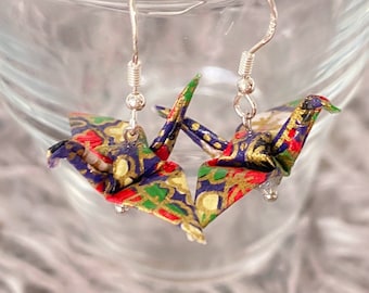 Origami Paper Crane Dangle Earrings Dark Slate Blue with Flower Pattern Clear Bead and Silver Hook New Year Gift Earrings Swinging Dangle