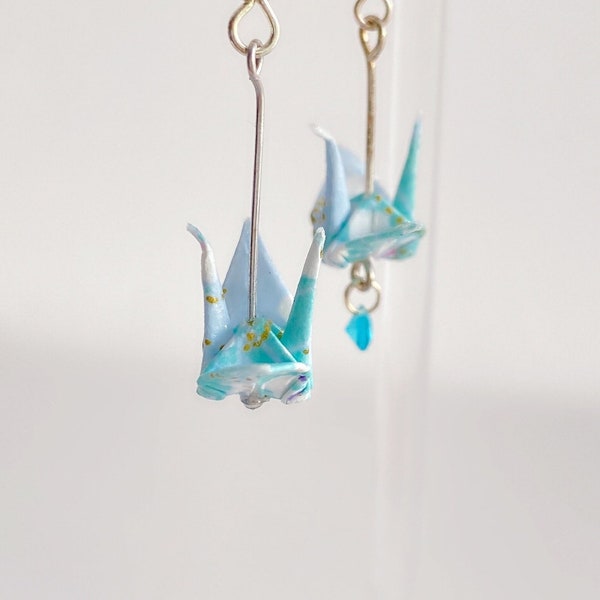 Origami Crane Earrings, Paper Crane Earrings, Earrings, Paper Bird Earrings, Crane Earrings, Blue with bead crane Earrings