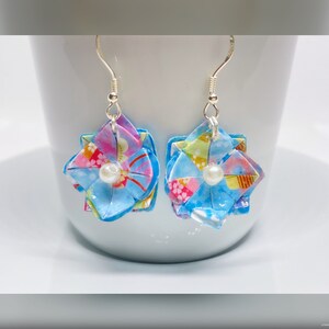 Japanese Style Handmade Flower Earrings with Pearl In the Middle - Paper Origami, Hand Folded Sky Blue Paper Floral Earrings with Pearl