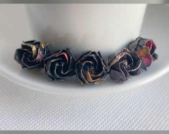 Handmade Origami Paper Rose Stud Earrings - Black with Flora, Unique Nature Inspired Jewelry  Petite Flower - Handcrafted Anniversary Gift