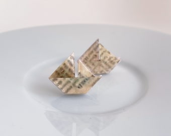 Vintage Origami Paper Boat Stud Earrings Tiny Old Pages Book Sheet Design Unique Gift for Sailor Old Pages Book Sheet Inspired Perfect Gift