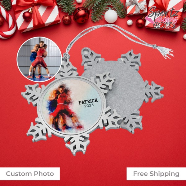 Custom Personalized Wrestling Picture Photo Silver Snowflake Christmas Ornament, Sport Player Team Gift, Wrestler Son Mom Coach Grandson