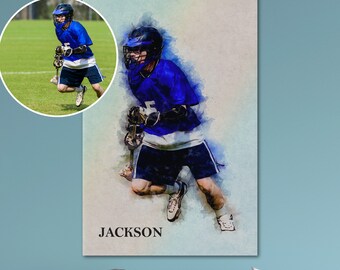 Personalized Watercolor Portrait, Canvas Prints from Photo, Digital Print on Canvas, Canvas Sports, Lacrosse Gifts, Lacrosse Player