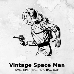 Ilustración vectorial de un hombre espacial vintage: dibujos animados, astronauta, galaxia, casco, astronomía, cohete, gráfico, espacio, extraterrestres