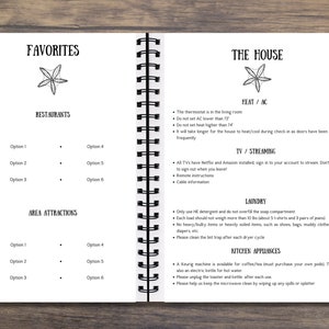 May include: A black and white printable checklist for a house guest book with sections for favorites, restaurants, area attractions, the house, heat/AC, TV/streaming, laundry, and kitchen appliances. The checklist includes options for listing restaurants, area attractions, and instructions for using the house appliances.