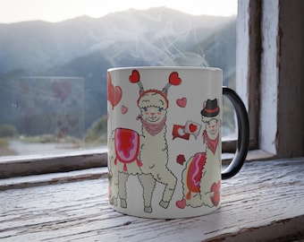 Llama Mug Heat-Reveal Valentines day, Gift For Friend, Cute Llama Coffee Mug, Funny Llama Gift, Llama Watercolor Custom Gifts For Her  11oz