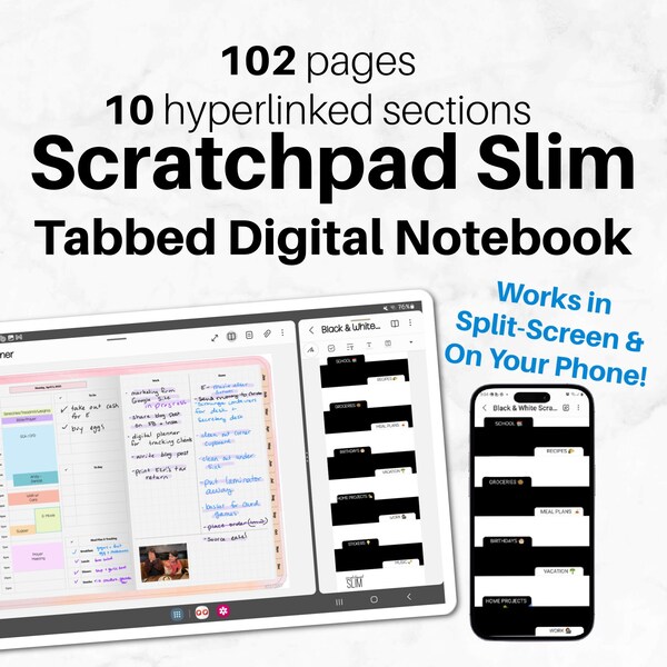 SCRATCHPAD SLIM (blank) for Digital Planning | Black & White Theme Notepad| Split Screen Notebook | PDF | Goodnotes, Samsung Notes, Penly