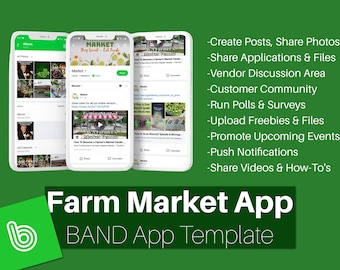 Farmers Market Community App for Vendors, Customers, Organizers | Band App Template | Crafters, Sellers, Fundraiser, Event, Social Media