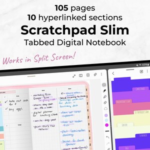 Puede incluir: Una captura de pantalla de una aplicación de cuaderno digital en una tableta. La aplicación tiene 105 páginas y 10 secciones con hipervínculos. La aplicación se llama "Scratchpad Slim Tabbed Digital Notebook" y funciona en pantalla dividida. La aplicación está abierta a una vista de calendario mensual con notas escritas a mano y una sección con pestañas con carpetas para los diferentes meses del año.