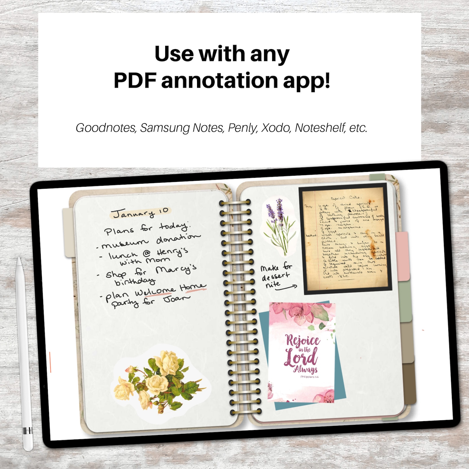 VINTAGE FLORAL Digital Notebook Hyperlinked PDF 5 Sections Simple ...