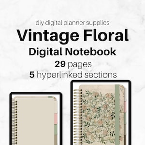 VINTAGE FLORAL Digital Notebook  | Hyperlinked PDF | 5 Sections | Simple | Journal, Diary, Lists, Planner | Goodnotes, Samsung Notes, Penly