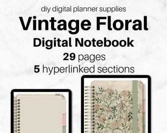 Cuaderno digital vintage floral / PDF con hipervínculos / 5 secciones / Simple / Diario, agenda, listas, planificador / Goodnotes, Samsung Notes, Penly
