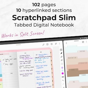 May include: A screenshot of a digital notebook app on a tablet. The app has 102 pages and 10 hyperlinked sections. The app is called "Scratchpad Slim Tabbed Digital Notebook" and it works in split screen mode. The app is open to a page with a calendar and a to-do list. The other side of the screen shows a list of tabs for different months of the year.