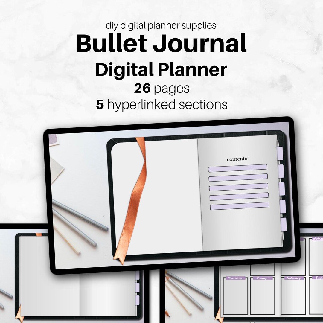 BULLET JOURNAL Aesthetic Digital Planner Hyperlinked PDF 5 Sections