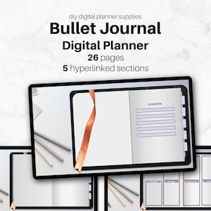 May include: A digital bullet journal planner with 26 pages and 5 hyperlinked sections. The planner is open to a page with a contents section and a ribbon bookmark. The planner is displayed on a white background with pencils and a white surface.
