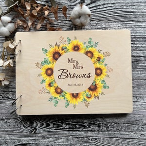 Grande libro degli ospiti per matrimonio con girasole, fiori personalizzati, libro fotografico in legno, regalo personalizzato, anniversario di matrimonio, fidanzamento, libro dei ricordi rustico unico