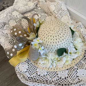 Decorative Ivory Hat with Yellow and Burlap Polkadot Ribbon and White Flowers