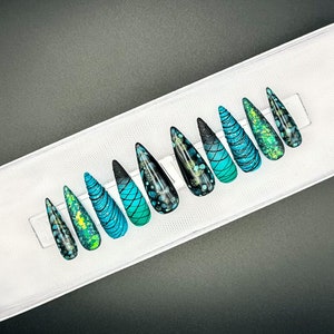 Dark Mermaid Press On Nails Long Stiletto | Blue Ombré Glue On Nails | Ocean Inspired Reusable Nails | Luxury Nails | Elegant Nails