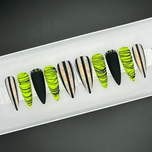 Neon Green/Yellow and Black Studded Press On Nails | Custom Shape/Size Spiked Punk Glue On Nails | Black And White Striped Reusable Nails