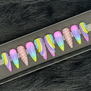 Unicorn Press On Nails | Custom Shape / Size Pastel Glue On Nails | Rainbow Ombré Reusable Nails | Trendy Festival Nails