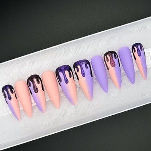 Ombré Drip Press On Nails | Custom Shape/Size Pastel Pink And Purple Glue On Nails | Candy Drip Reusable Nails| Glitter Nails