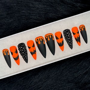 Jack O Lantern Press On Nails – Neon Orange & Black Halloween Nail Set with Drip Art and Rhinestones | Custom Sizing