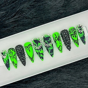 Edgy Punk Stud Press On Nails | Custom Shape/Size Neon Green / Black Glue On Nails | Graffiti Reusable Nails | Spike Nails | Self Love Gift