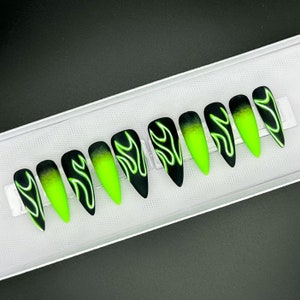 Neon Flames Press On Nails | Custom Shape/Size Glow Effect Glue On Nails | Lime Green And Black Luxury Reusable Nails