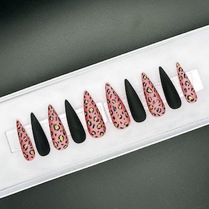 Red Jelly Leopard Print Press On Nails: Matte Black & Gold Detail
