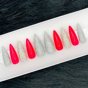 Rhinestone Glam Press On Nails | Custom Shape/Size Silver Glitter Glue On Nails | Hot Pink Luxury Reusable Nails | Holographic Nails