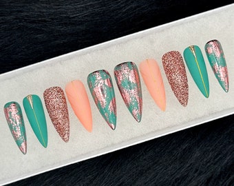 Teal And Rose Gold Press On Nails | Custom Shape / Size Gold Chevron Glue On Nails | Luxury Glitter Reusable Nails