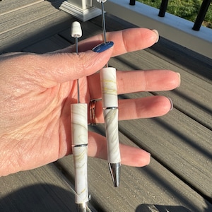 White Marbled Beaded Pen Blank, DIY Bead Pens, Craft Supplies, Hobby Craft, Black Inked Pen, Silicone Bead Project, Wholesale Pen Blanks