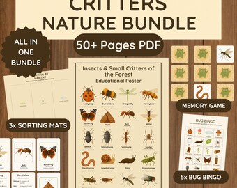 May include: Educational nature bundle featuring insects and small critters. Includes a poster, flashcards, sorting mats, a memory game, bug bingo, and a nature journal. The bundle has over 50 pages of printable activities.