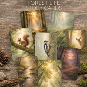 May include: A collection of Forest Life Story Cards featuring woodland scenes and animals, including a squirrel, deer, and woodpecker. The cards are arranged on a rustic wooden surface with natural elements like pine cones, moss, and acorns. The text "FOREST LIFE STORY CARDS" is at the top.