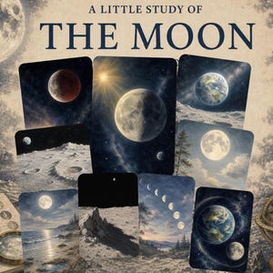 Może przedstawiać: Kolekcja prostokątnych kart z obrazami księżyca, w tym kraterami, fazami i widokami Ziemi. Tekst A LITTLE STUDY OF THE MOON znajduje się wyśrodkowany powyżej. Akcesoria obejmują mosiężny teleskop, notatnik, lupę oraz globus.