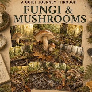 Pode incluir: Uma coleção de cartões com fotografias de cogumelos na floresta, um caderno de esboços, uma lupa, um pincel de madeira e vários espécimes de cogumelos, com o texto A QUIET JOURNEY THROUGH FUNGI & MUSHROOMS.