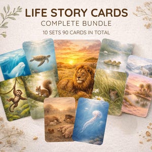 May include: A collection of ten illustrated Life Story Cards, featuring various animal scenes. The cards showcase a variety of animals, including a lion, monkey, and squirrel, with a total of 90 cards in the complete bundle.