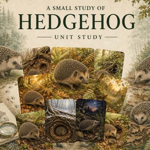 Puede incluir: Una colección de tarjetas educativas titulada A SMALL STUDY OF HEDGEHOG UNIT STUDY, con ilustraciones detalladas de erizos en entornos forestales, un cuaderno de bocetos con un dibujo a lápiz y una lupa de latón.