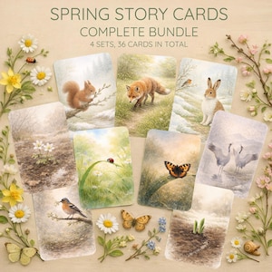 May include: A complete bundle of Spring Story Cards featuring watercolor illustrations of woodland animals and spring scenes. The cards include images of a squirrel, fox, rabbit, birds, butterflies, and flowers. The text on the cards reads "Spring Story Cards Complete Bundle".
