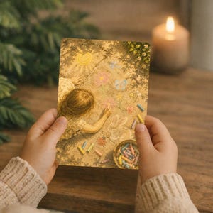 May include: A vintage print showing a child drawing with chalk on the ground. The artwork features a sunny scene with flowers and butterflies, and a small bowl of colourful chalk. The print is held by a person wearing a beige sweater.