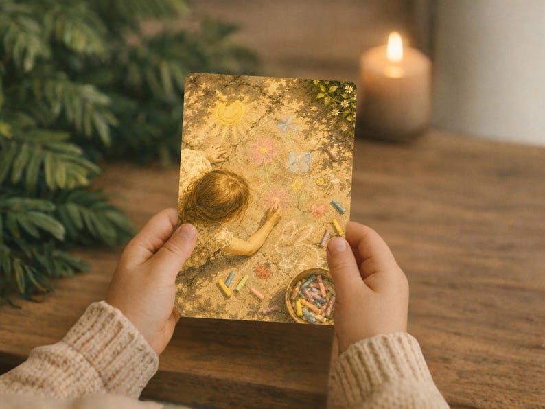 May include: A vintage print showing a child drawing with chalk on the ground. The artwork features a sunny scene with flowers and butterflies, and a small bowl of colourful chalk. The print is held by a person wearing a beige sweater.