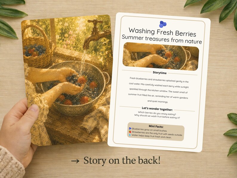 May include: A two-sided card with a watercolour illustration of washing berries. The card's text reads "Washing Fresh Berries, Summer treasures from nature." The back of the card has the text "Story on the back!"