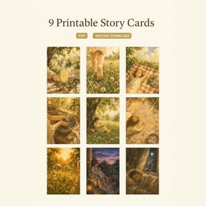 May include: Nine printable story cards with vintage-style illustrations. The cards feature scenes of nature, including a picnic, a person in a field, and a person sleeping. The text "9 Printable Story Cards" is at the top.